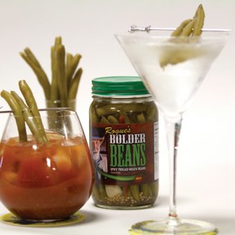 Product shot of Bolder Beans used as a martini garnish or Bloody Mary garnish