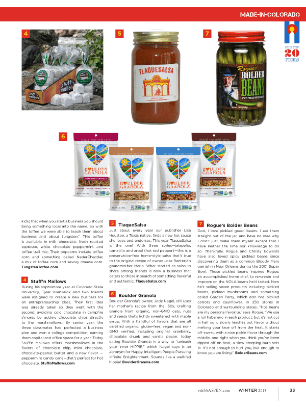 Bolder Beans review in Edible Aspen Magazine 2015
