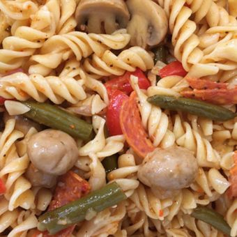 Photo close up of Bolder Beans pasta salad with Bolder Mushrooms