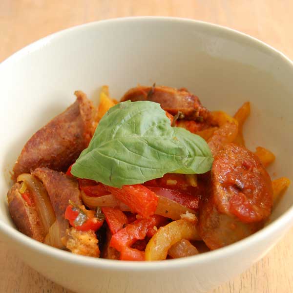 Photo of a bowl of sausage and peppers dish with Mary's Mornin' FiXXer